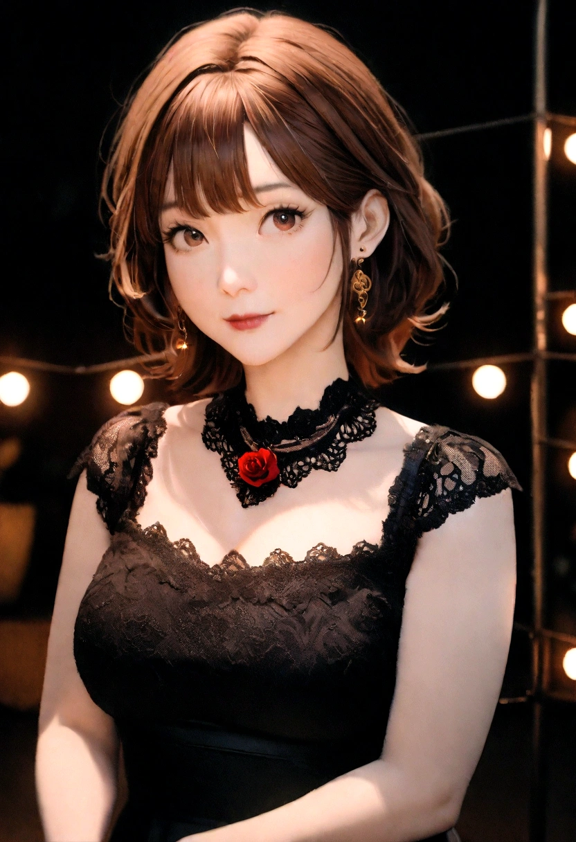 8k, RAW photo, Fujifilm, style photo of a beautiful 45 year old woman, square face, a red rose on the neck, wearing black lace dress with red, golden earrings, strong features like a spinning dove, (highly detailed skin: 1.2), medium brown hair with lights, film grain, 35mm, cute style