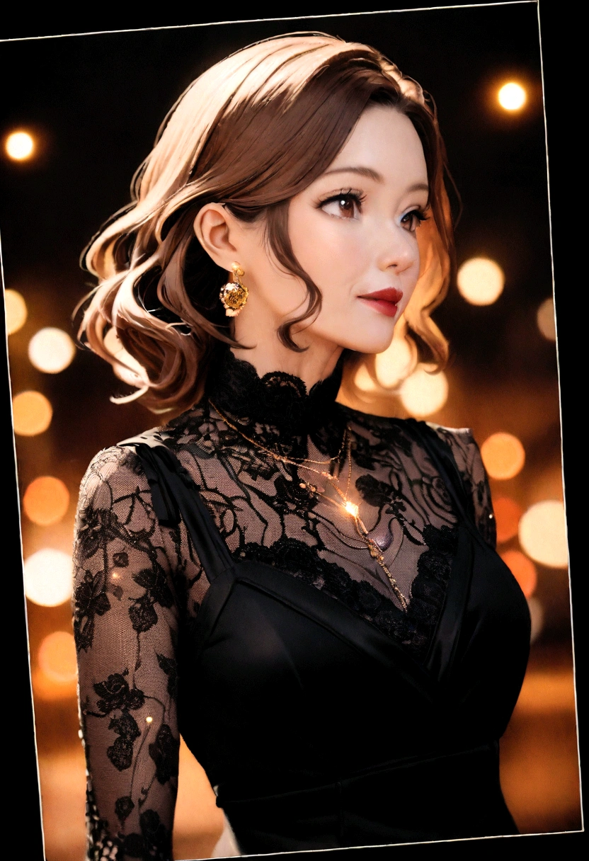8k, RAW photo, Fujifilm, style photo of a beautiful 45 year old woman, square face, a red rose on the neck, wearing black lace dress with red, golden earrings, strong features like a spinning dove, (highly detailed skin: 1.2), medium brown hair with lights, film grain, 35mm, cute style