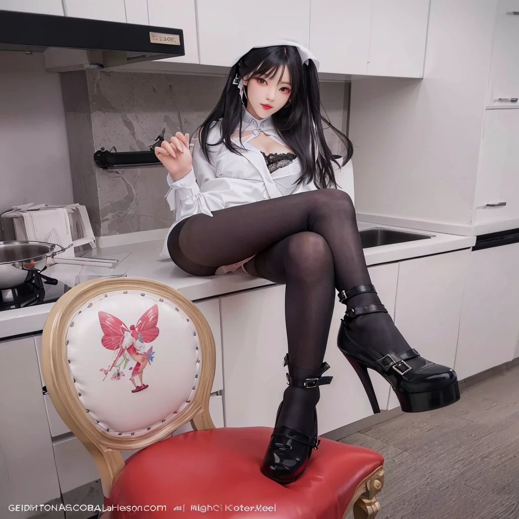 There is a lady sitting in a chair in the kitchen, Full body fairy, Sexy dominant pose, Knee-high socks and skirt, Full length and white, cruel korean goth girl, A pretty face with arms and legs, Korean Girl, Sexy style, Popular content on cgstation, Long thin legs, Sexy Girls, Sexy pose, Sexy look, leather stockings
