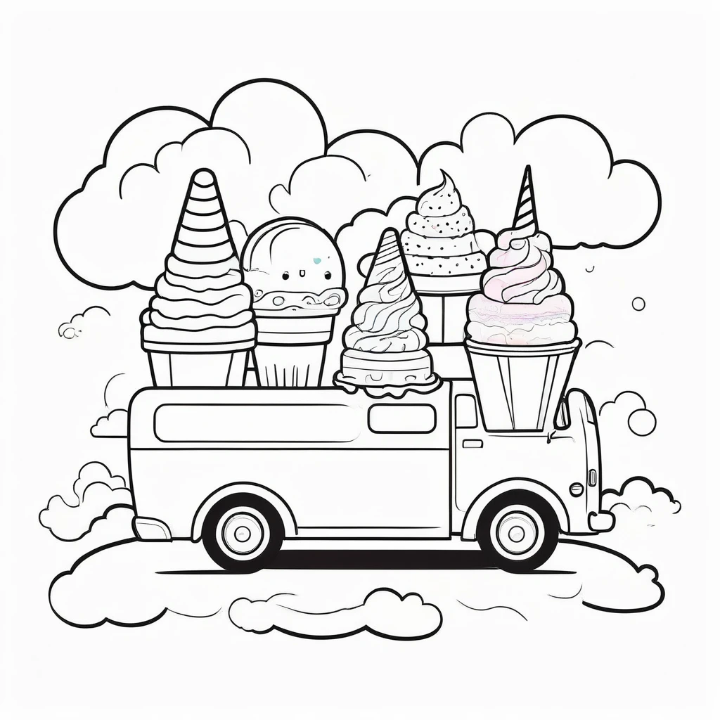 Cute vehicles shaped like ice cream, coloring page for kids, happy, smiling, surrounded by cloud, vector art, minimalistic, vector 2d, black lines white background, coloring page for beginners, vector illustration, pencil strokes, no color, drawing for coloring, white background, pixar style, black and white