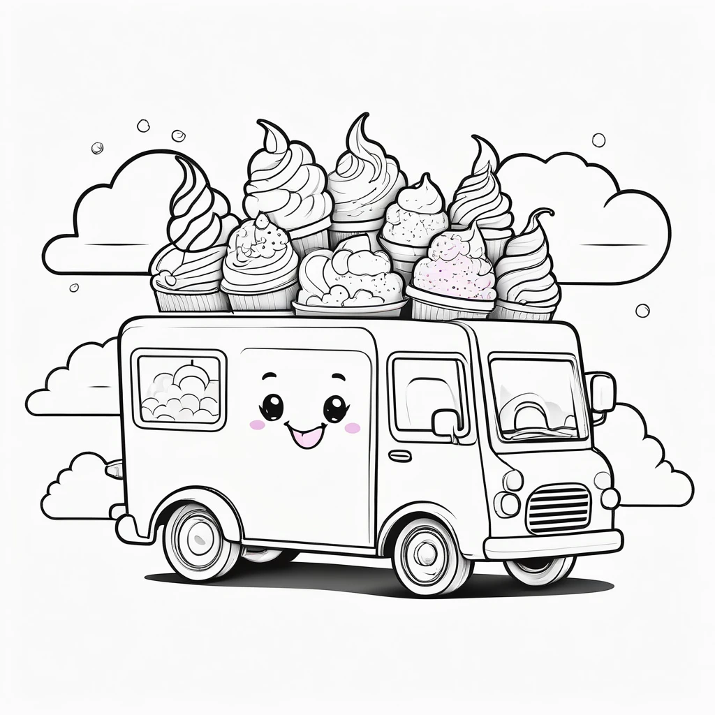 Cute vehicles shaped like ice cream, coloring page for kids, happy, smiling, surrounded by cloud, vector art, minimalistic, vector 2d, black lines white background, coloring page for beginners, vector illustration, pencil strokes, no color, drawing for coloring, white background, pixar style, black and white