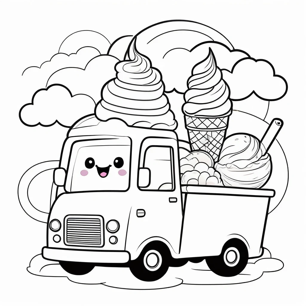 Cute vehicles shaped like ice cream, coloring page for kids, happy, smiling, surrounded by cloud, vector art, minimalistic, vector 2d, black lines white background, coloring page for beginners, vector illustration, pencil strokes, no color, drawing for coloring, white background, pixar style, black and white