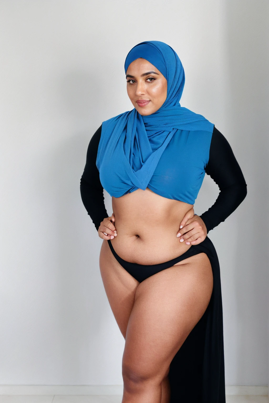 RAW photo,candid photograph, full body,photo of a beautiful,influencer,35yo Moroccan woman,black hijab, detailed skin, naked, looking at viewer, chubby body structure,white background,no background, candid pose,blue light, film grain, kodak color, instagram LUT