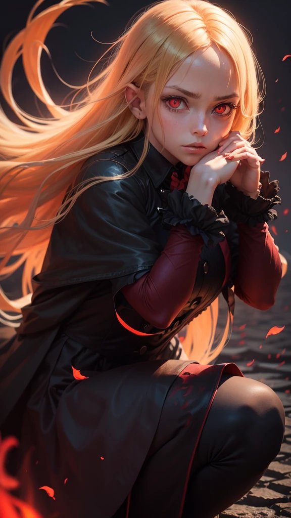 Portrait of a fascinated demon girl, red glowing eyes, blonde windy hair, crouching, hands on face. Darkness background