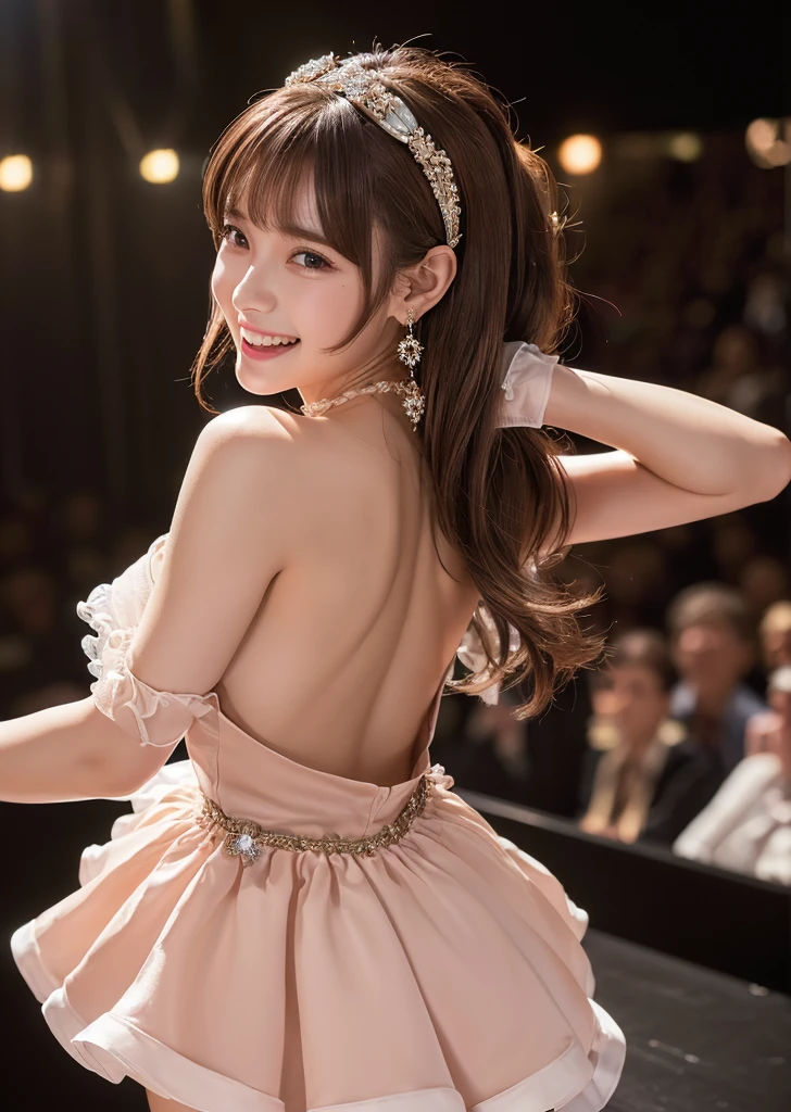 profile、Turned around、Butt,Flat Chest、(Slim body)、((Slim body))、Long Hair,Straight Bangs,Embarrassing,masterpiece,diamond、Earrings,background of fantasy,(((Brown Hair)))、 hair ornaments,Headband,Brown Hair, dress, (赤のdress), Ruffled gloves, Frills, gloves, Heart Brooch, Idol, Idol clothes, jewelry, Pink gloves, Nipples are visible、topless、ribbon, looking at viewer,Indoor break,break (Tabletop:1.2), Highest quality, Nude,nude,(topless),(Nipples are visible),(From above),Flat Chest,(Slim body),((Slim body)),Embarrassing,masterpiece,diamond、Earrings,background of fantasy, タートルネックdress,break looking at viewer,Indoor break,break (Tabletop:1.2), Highest quality, High resolution, unity 8k wallpaper, (shape:0.8), (Beautiful details:1.6), Highly detailed face, Perfect lighting, Extremely detailed CG, (Perfect hands, Perfect Anatomy),Laughing with your mouth open、Concert Venues、live house、stage、Cowboy Shot