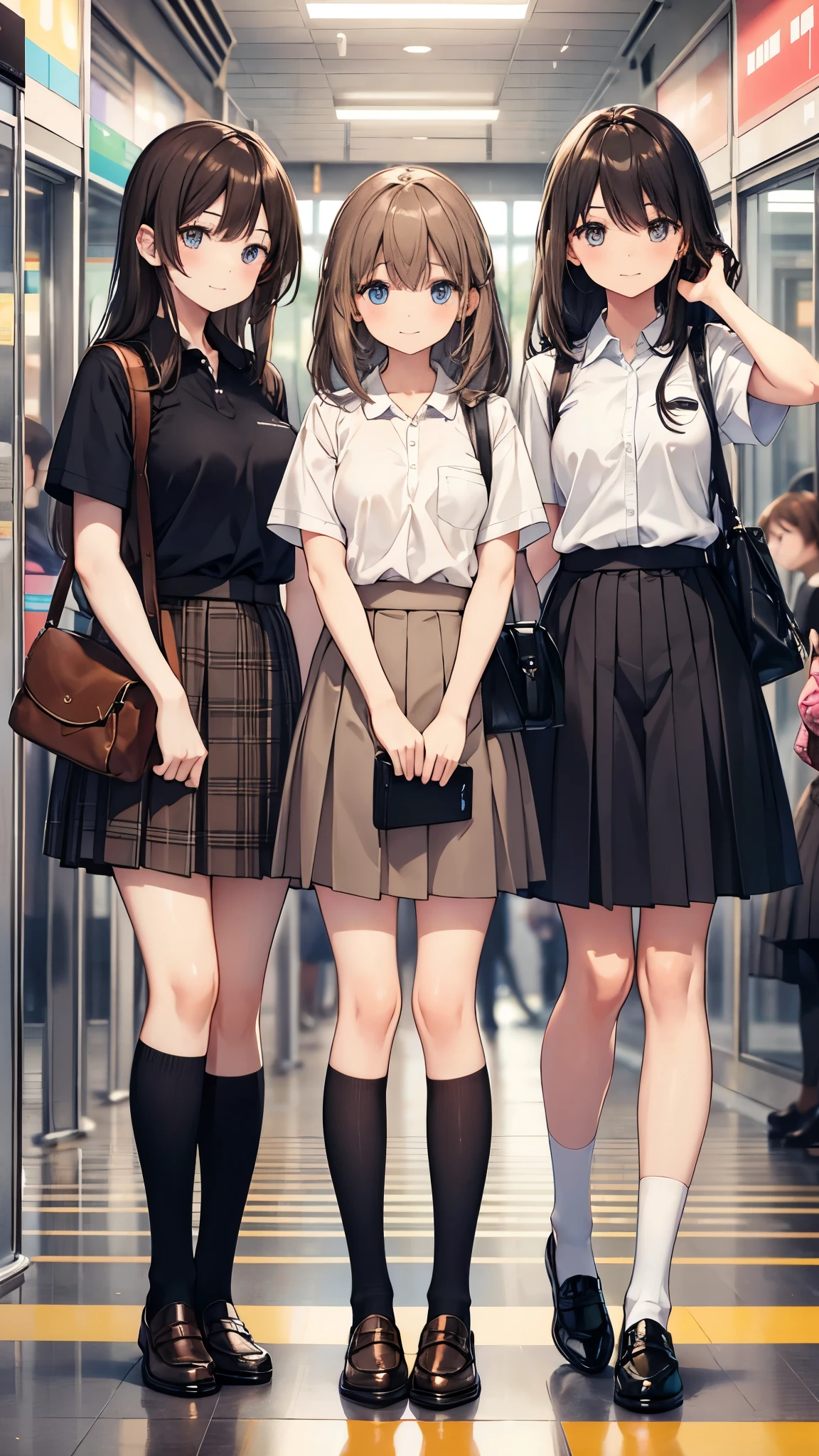 long hair, looking at viewer, smile, bangs, blue eyes, multiple girls, skirt, brown hair, shirt, black hair, short sleeves, brown eyes, long hair, standing, white polo shirt, pleated skirt, open clothes, shoes, socks, striped, collared shirt, hand up, 3girls, bag, kneehighs, plaid skirt, brown footwear, flying sweatdrops, loafers, grey skirt, school bag, diagonal stripes, train station