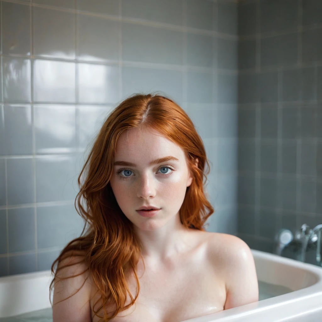 {type: photoréaliste}{subject: full body femme de 21 ans rousse aux yeux clairs, dans une beignoire nude}{environment: salle de bain avec, éclairage ambiant froid}{details: cheveux roux légèrement ondulés, cils courbés, pose détendue}{style: réaliste, détaillé}{camera: Canon EOS R5, objectif 50mm f/1.2, prise de vue moyenne}{lighting: lumière naturelle et douce, ambiance chaleureuse}{resolution: 4K, haute définition}