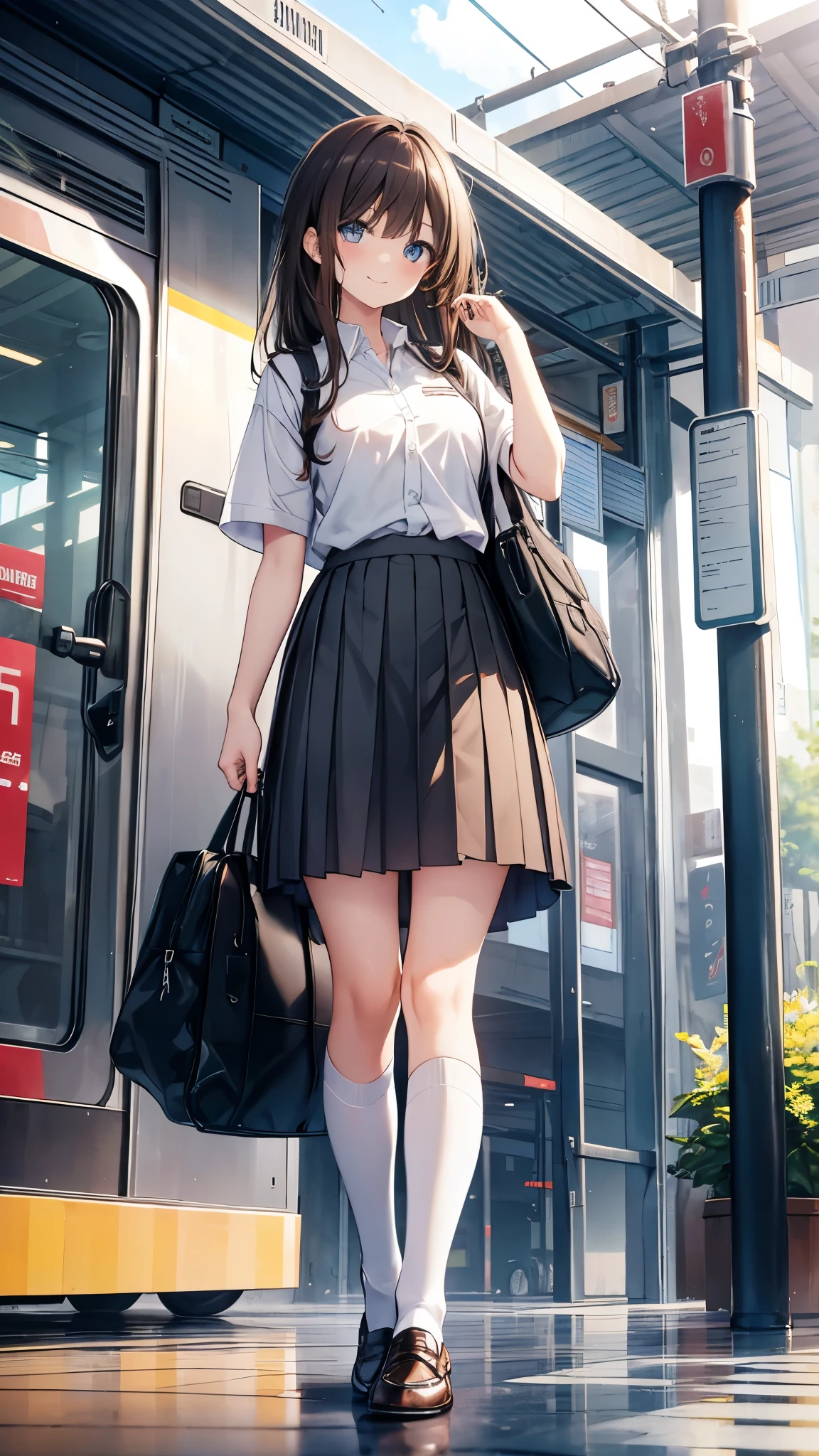 long hair, looking at viewer, smile, bangs, blue eyes, multiple girls, skirt, brown hair, shirt, black hair, short sleeves, brown eyes, long hair, standing, white polo shirt, pleated skirt, open clothes, shoes, socks, striped, collared shirt, hand up, 3girls, bag, kneehighs, plaid skirt, brown footwear, flying sweatdrops, loafers, grey skirt, school bag, diagonal stripes, train station