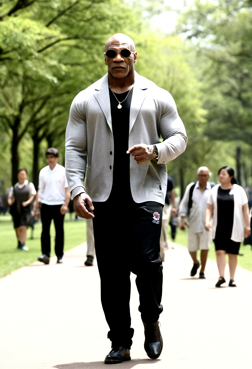 Mr. Mike Tyson is walking in the park with soon and Many members of the public.