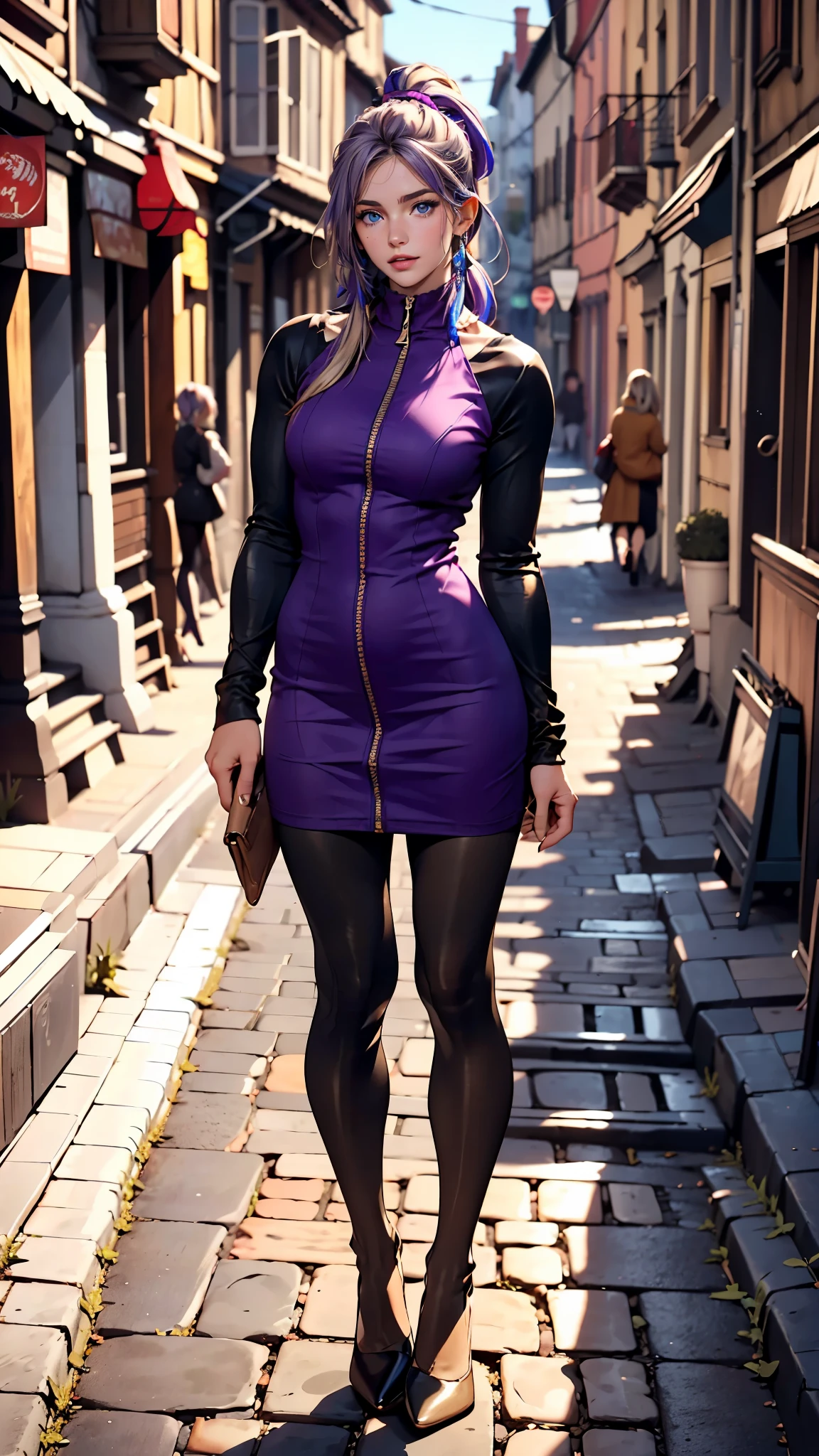 A 22-year-old extremely beautiful white woman、Supermodel proportions、Hair color blonde、blue eyeedium Hair、Straight Hair、Purple inner color((colored inner hair))、Split Ponytail((split ponytail))、Wear a high-neck zipper-up dress、Large chest、Narrow waist、Wear leggings、Wear high heels、In a cobblestone alley of the old town