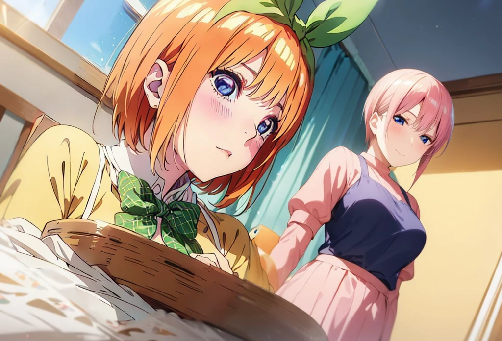  [Nakano yotsuba, nakano_yotsuba, aayotsuba, shoulder length orange hair, green ribbon] blushing, looking down, embarassed face, flustered, goofy awkward, extremely cute face, in love, dreamy eyes,  best quality)), extremely fine and beautiful, super fine illustration, top-quality、Official art、Beautifully Aesthetic:、vivid colours、colourful, HD Detail, Ultra Detail, soft Light, magical photography, intricate details, , sfw, , indigo eyes, masterpiece, 4k, ultradetailed,