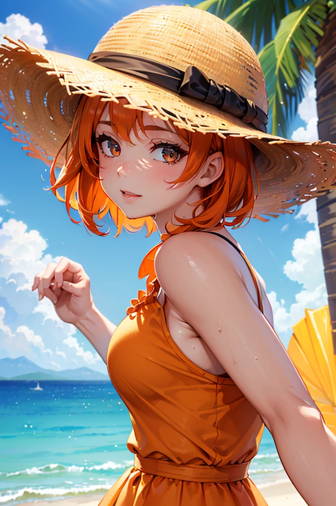swimsuit with v neck, short pigtails, orange hair showing on forehead, beautiful, masterpiece, best quality, smiling face, looks in the eye of the