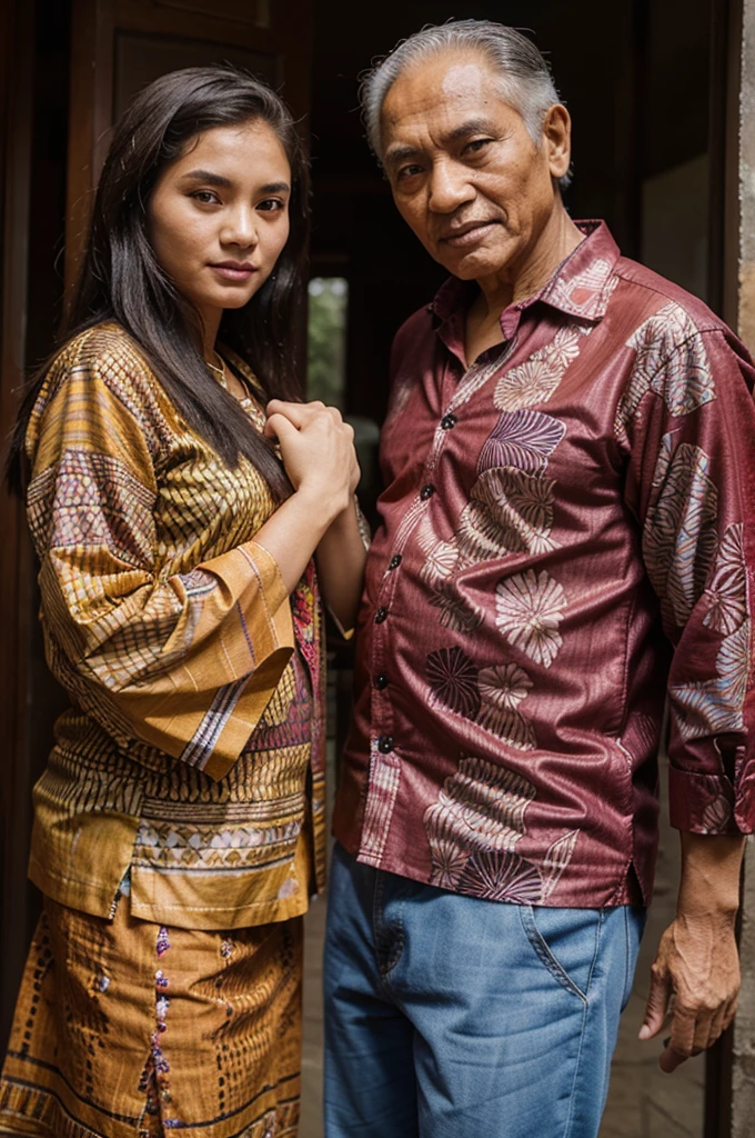 A 73 year old man wearing batik, and a 15 year old girl wearing batik clothes