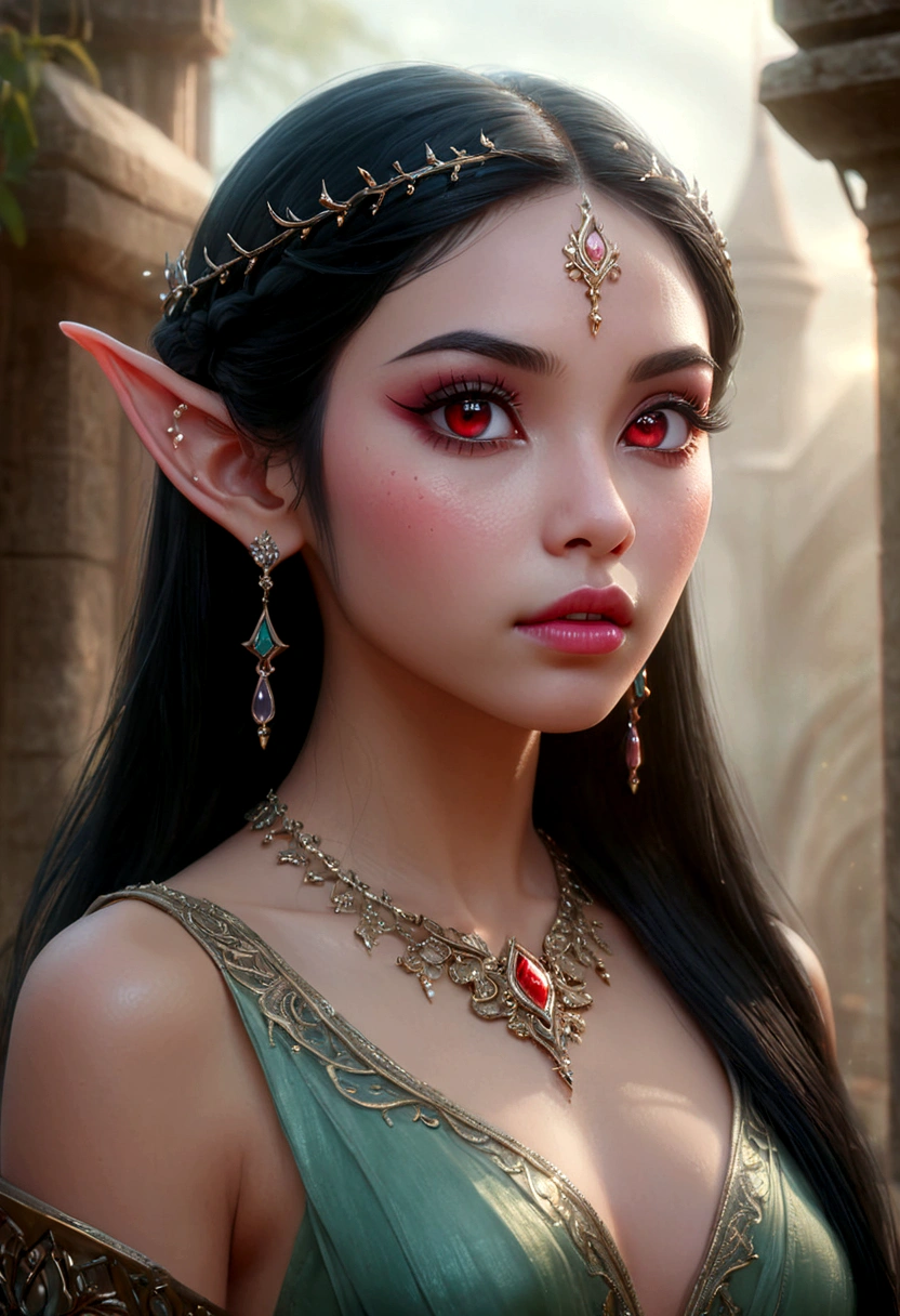 PastelGothAI, elf, pointy ears, black hair with red strands, 1girl, beautiful detailed eyes, beautiful detailed lips, extremely detailed face, long eyelashes, ethereal, mystical, flowing dress, fantasy landscape, glowing crystals, soft pastel colors, dramatic lighting, cinematic composition, intricate details, masterpiece, photorealistic, 8k
