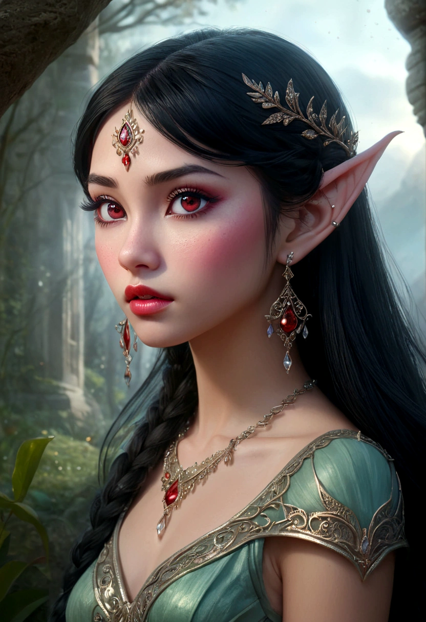 PastelGothAI, elf, pointy ears, black hair with red strands, 1girl, beautiful detailed eyes, beautiful detailed lips, extremely detailed face, long eyelashes, ethereal, mystical, flowing dress, fantasy landscape, glowing crystals, soft pastel colors, dramatic lighting, cinematic composition, intricate details, masterpiece, photorealistic, 8k