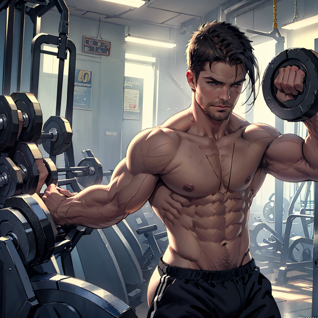 8k ,high quality,  hunk and handsome mature man, Stephen AMELL ????? and ?????, , showing his muscles , in a gym doing dumbbells 