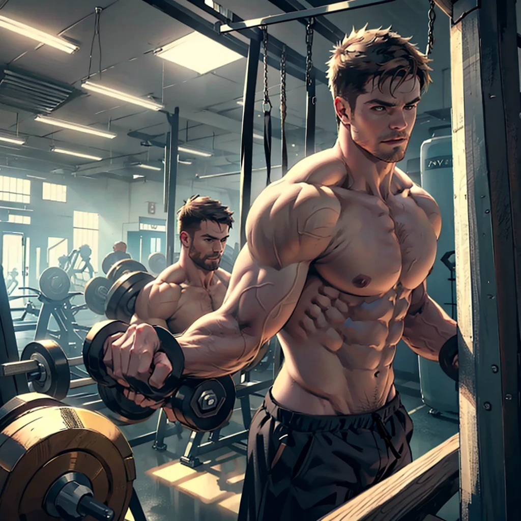 8k ,high quality, hunk and handsome mature man, Stephen AMELL naked and horny, , showing his muscles , in a gym doing dumbbells