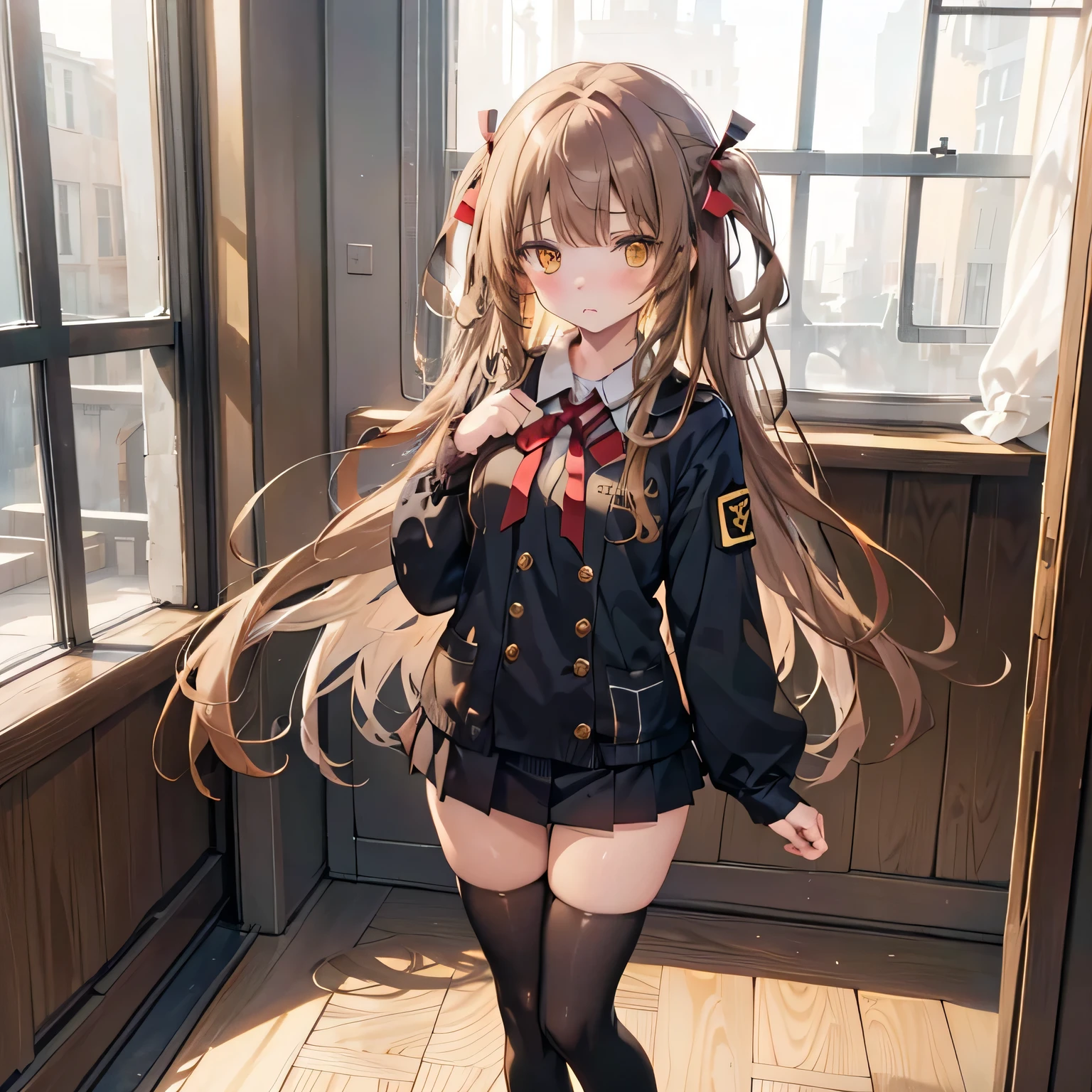 best quality, masterpiece, 1girl, solo, long hair, brown hair, yellow eyes, thighhighs, wooden floor, embarrassed, shy, soft lighting, full body, cute girl, young girl, wearing a uniform, brown uniform, red ribbon