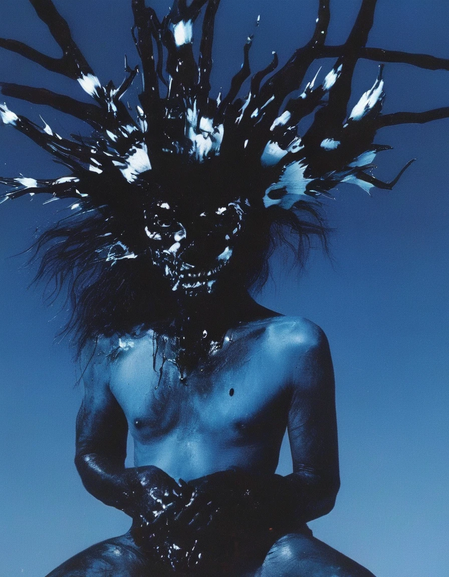 film photography, vintage, fashion shoot of horror, blue background