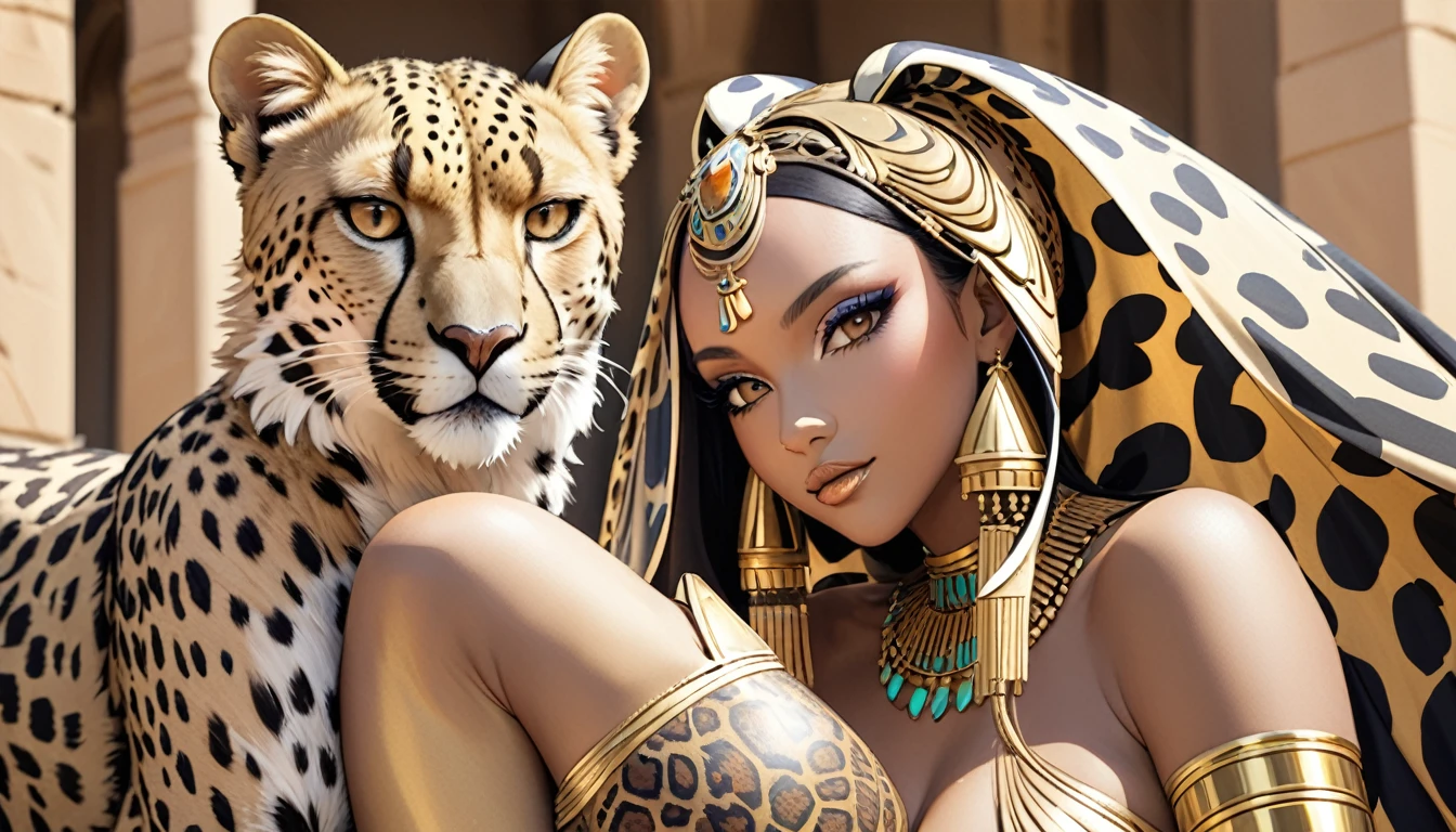 Sphinx-like cheetah queen, A beautiful woman's face and a cheetah's body、 Fantasy、 detailed,