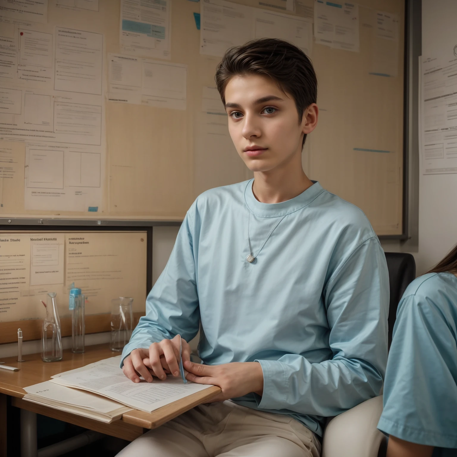 A young male twink, cute, beautiful, feminine, with a beautiful face with makeup, black hair, and his eyes have dark circles under them. He is wearing a long-sleeved aquamarine shirt and white jeans. He is in the College of Medicine, studying on the blackboard with brain  written on it. He is sitting at a desk with scientific books on it.  Medical and brain  manuscripts.