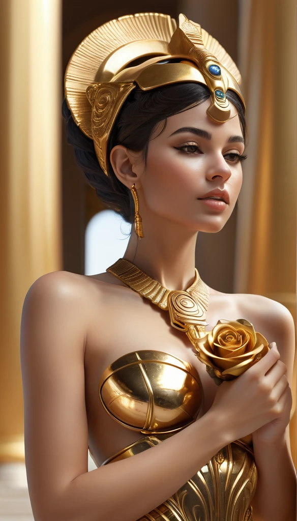 close-up, absolutely naked cute sexual girl , smells gold rose in her hand and looking at me, flirt, cyberpank gold parts body,against the backdrop gold Egyptian columns, ultra high quality detailing