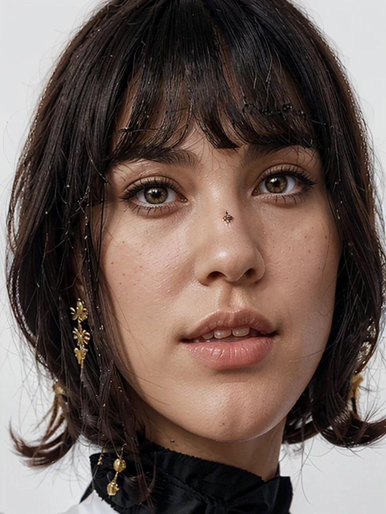 best quality, (photorealistic:1.2), 1girl, solo, detailed face, face focus, standing, black hair,(hair ornament:1.35),office lady, ribbon-trimmed sleeves, detached sleeves, ribbon trim, wide sleeves, (looking at viewer:1.5) long hair, black eyes, bangs, lips,