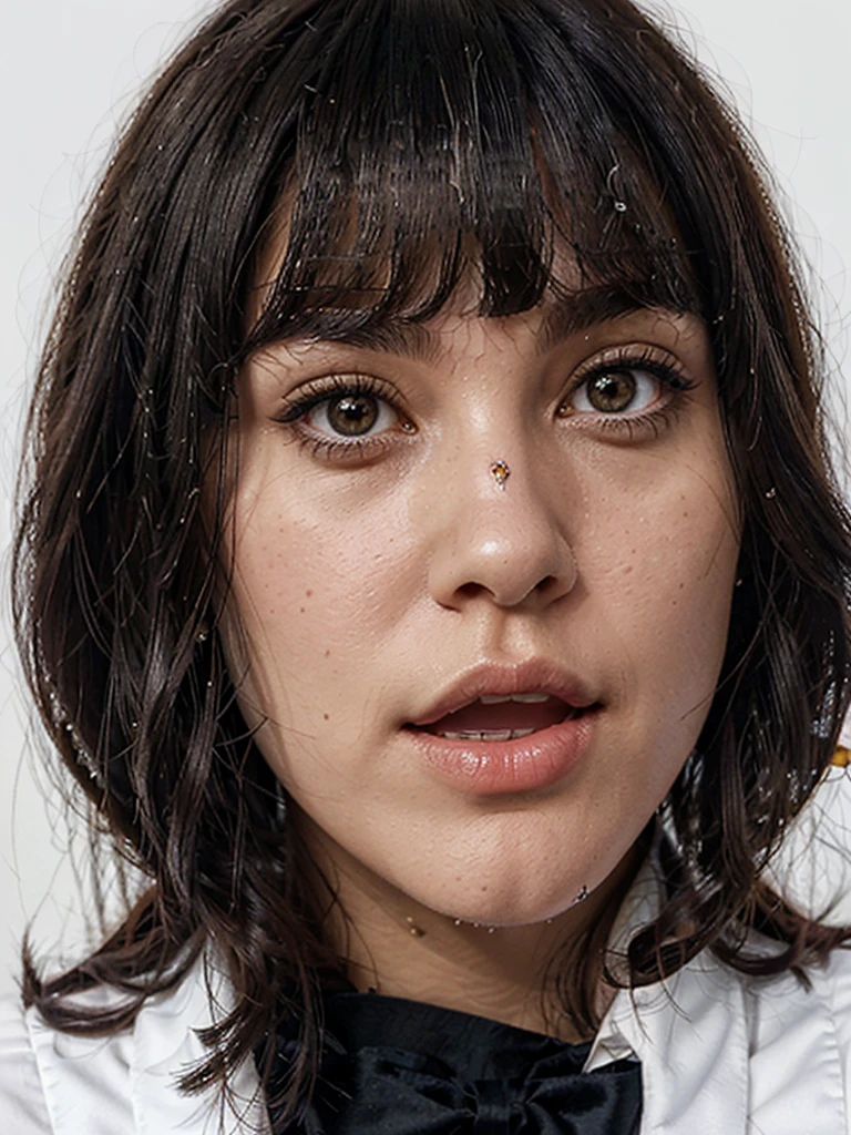 best quality, (photorealistic:1.2), 1girl, solo, detailed face, face focus, standing, black hair,(hair ornament:1.35),office lady, ribbon-trimmed sleeves, detached sleeves, ribbon trim, wide sleeves, (looking at viewer:1.5) long hair, black eyes, bangs, lips,