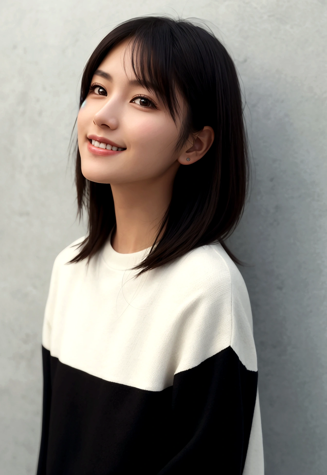 (best quality), (masterpiece), portrait of an 18-year-old girl with half Japanese and half Korean heritage. She has a casual black winter long-sleeved top that covers her shoulders. Her hair is a shoulder-length brown straight short bob, blowing in the wind. The girl is standing alone indoors against a black wall, posing like a hair salon model. Her face has a glossy, ultra-realistic finish with subtle lighting effects. She is smiling with watery eyes, gazing up. The portrait should capture her natural and healthy skin texture with visible pores. The skin tone should be uniform and the photo should have a worn-out, high-quality aesthetic, as if taken by a model agency's in-house photographer. The image should be a high-resolution 16K close-up, emphasizing the actress-quality of the subject. Please use natural light and colors in the image. For the camera settings, please use a SIGMA 300mm F/1.4 lens, 1/1000 sec shutter speed, and ISO 400. Create a full-body shot of a person in casual attire, standing in a relaxed pose. The background should be a simple, solid color to emphasize the subject.
