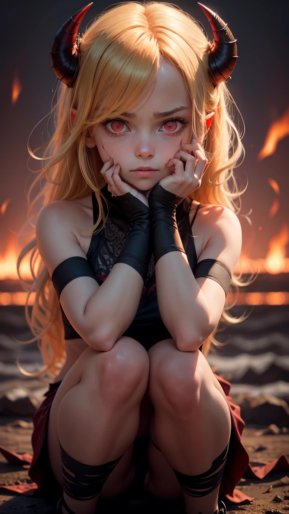 Portrait of a fascinated demon girl, red glowing eyes, blonde windy hair, crouching, hands on face. Darkness background, torn bandage 