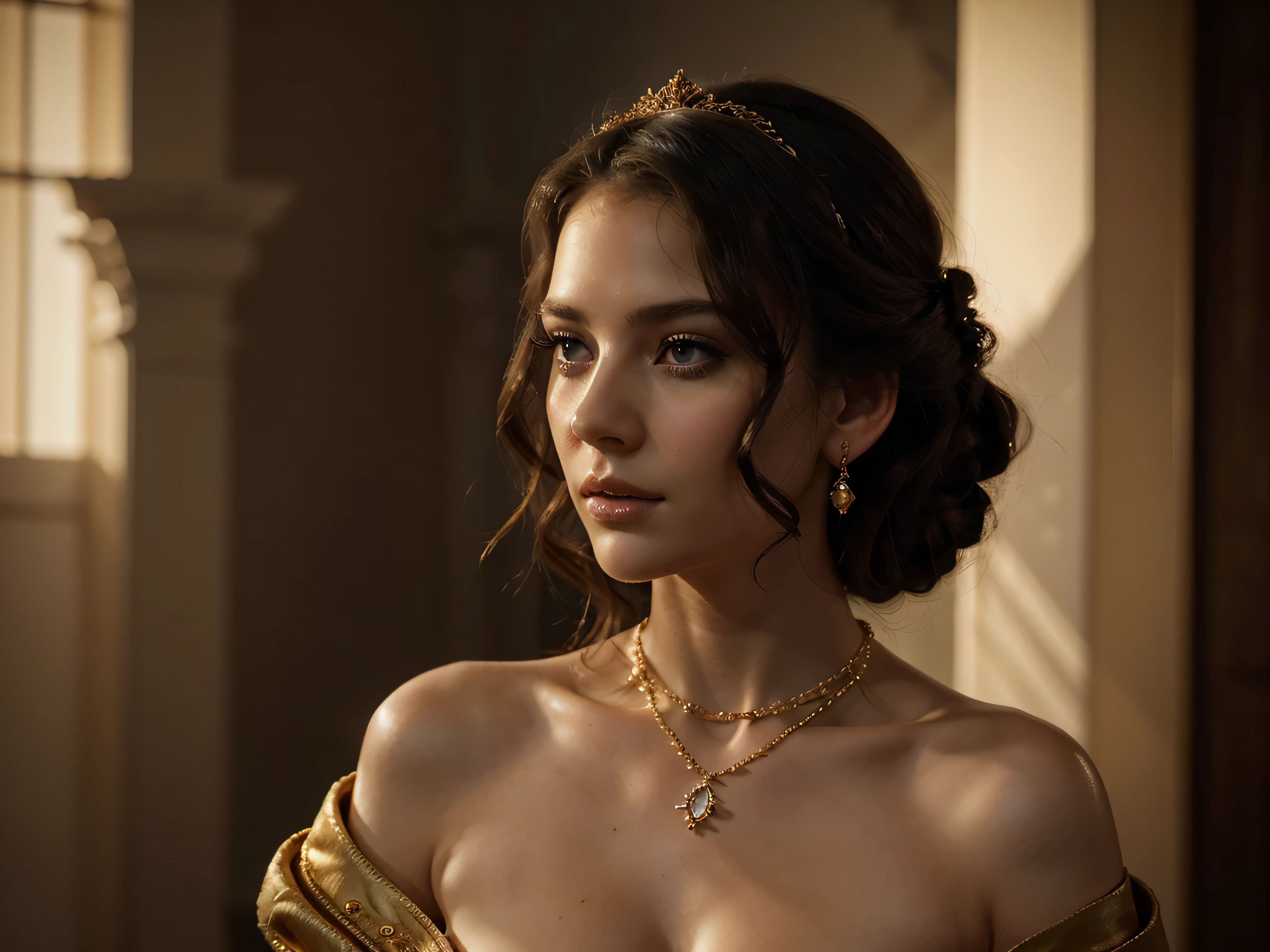 A chiaroscuro portrait of a woman, beautiful detailed eyes, beautiful detailed lips, extremely detailed eyes and face, long eyelashes, porcelain skin, elegant hairstyle, intricate jewelry, dramatic lighting, Renaissance style, dramatic shadows, warm golden tones, dramatic chiaroscuro lighting, ultra-detailed, 8k, photorealistic, masterpiece, cinematic, dramatic atmosphere, elegant and regal