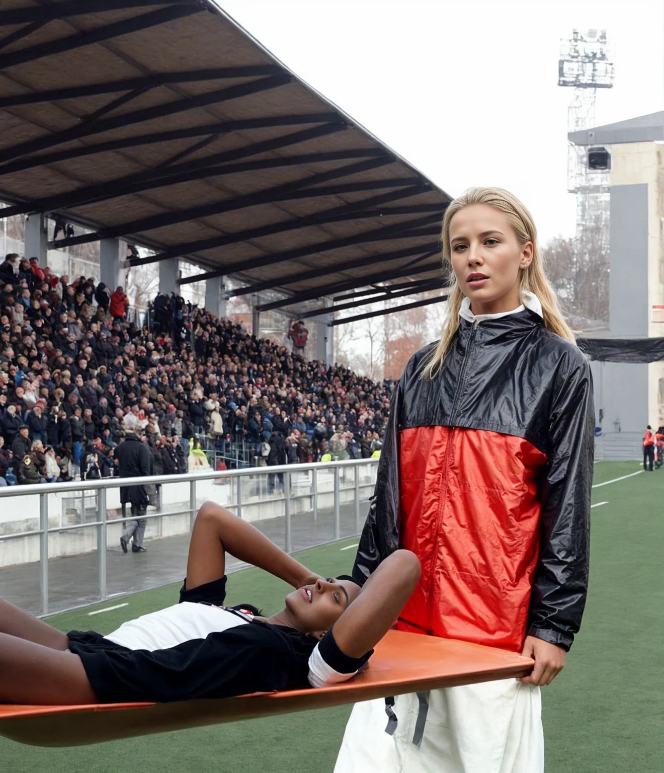 📷, soccer accident, sports injury, soccer match in a crowded stadium, injury scene, there is a sportsman in matte cotton sportswear lying injured on a stretcher, there is an injured sportsman in matte cotton sportswear lying on his side on a stretcher with a bandaged ellbow, an injured sportsman in matte cotton sportswear is lying on his side on a strecher being carried by an extrovert blond woman in a high shine long moncler coat, an injured sportsman is writhing in ecstasy on a stretcher while lying on his side, dramatic pity pose, there is a blond shouting and crying woman in a high-shine puffy coat, a high-shine black down coat, a long black moncler coat, a wetlook down coat, a wet black laquered coat, a excited screaming blond woman is wearing a wetlook black latex-coat, injured, medic, soccer action pose, affection pose, lecherous action pose, dramatic action pose, theatralic pose, there is an attractive woman that is carrying a sportsman in matte cotton sportswear, there is a beautiful woman in a shiny coat who is carrying a man on a stretcher, a longhaired beautiful woman in a high-shine black puffy coat, a longhaired woman in a shiny downcoat, a woman is carrying a shorthaired man in matte cotton sportswear on a stretcher, a weak man in spots shorts is consciousless and needs to be carried, a shorthaired man with a bandaged ellbow is carried away on a stretcher, a woman looks very scared and terrified, a sportsman in matte cotton sportswear is suffering very much on a stretcher, photo, photo shoot, photographed , accident, help, aid, first aid, pity
