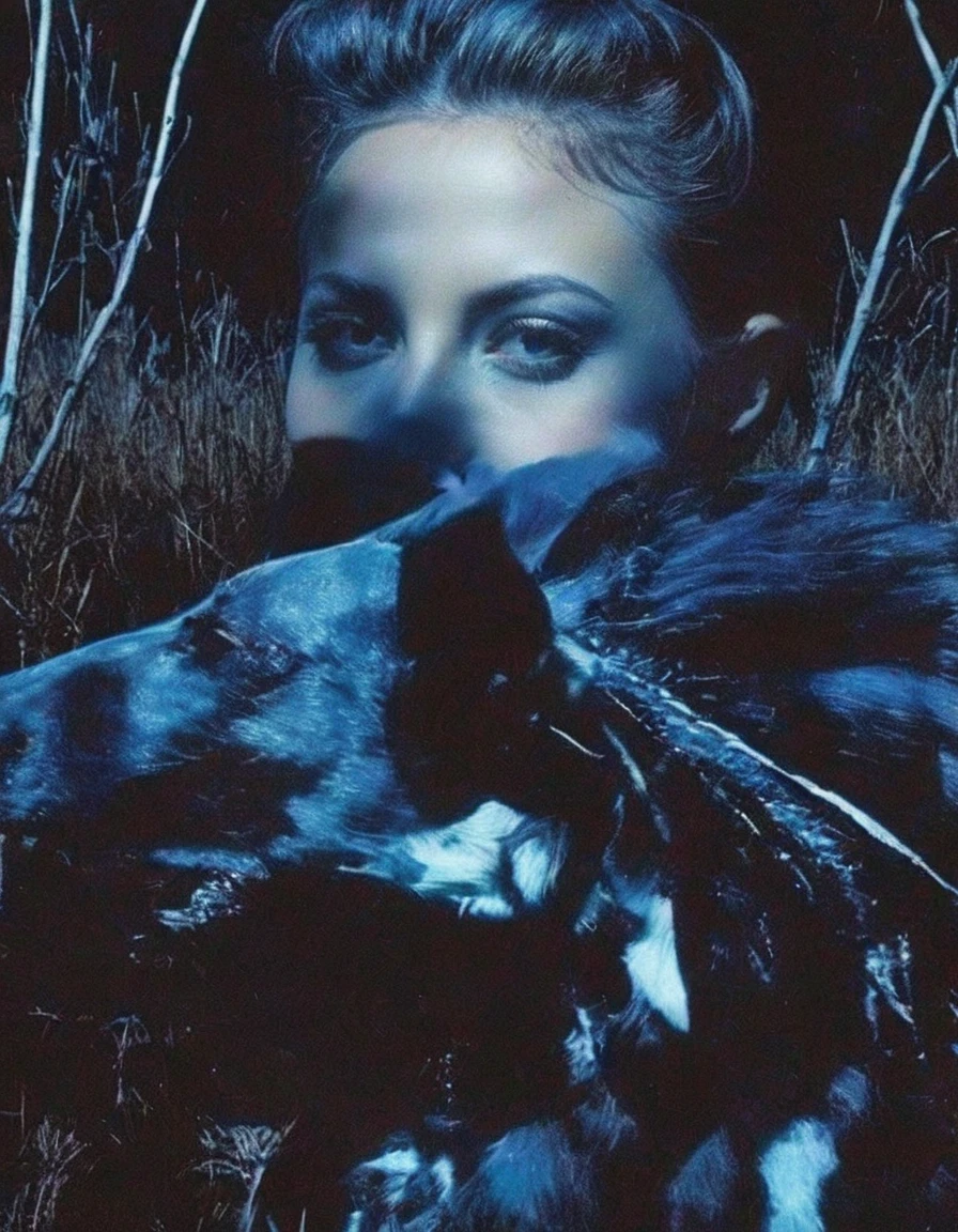 film photography, vintage, fashion photography of horror with 90s beautiful fashion model, blue night forest background