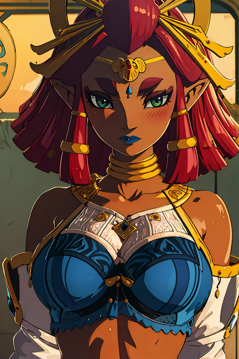 best quality, high resolution, large breasts, red hair, blush, embarrassed, cowboy shot, looking at viewer, Riju, blue lip, (((bra))), (((off shoulders)))