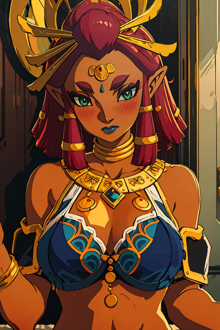 best quality, high resolution, large breasts, red hair, blush, embarrassed, cowboy shot, looking at viewer, Riju, blue lip, ((())), (((off shoulders)))