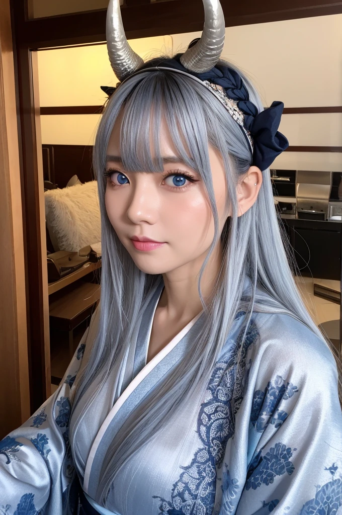 Two horns growing,40-year-old woman,Silver Hair,Asian,Korean style long hair,Headband,Long Bangs,Blue Eyes,Dark Skin,kimono,Selfie