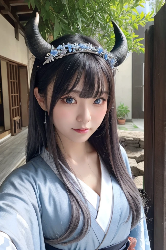 Two horns growing,40-year-old woman,Silver Hair,Asian,Korean style long hair,Headband,Long Bangs,Blue Eyes,Dark Skin,kimono,Selfie
