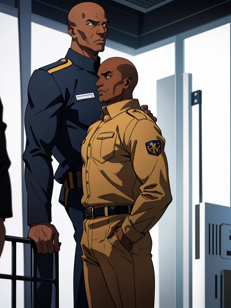 A brown-skinned, skinhead, tall, muscular man of about 40 years of age with a high-pressure atmosphere in elegant security guard clothes, depicted against a white background.