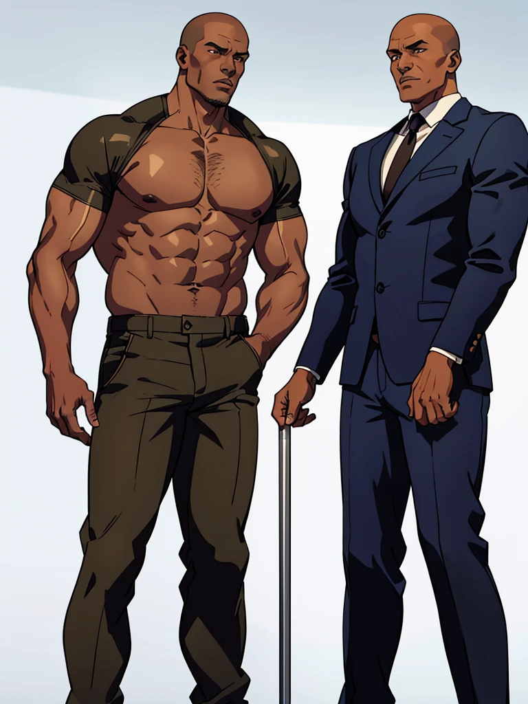 A brown-skinned, skinhead, tall, muscular man of about 40 years of age with a high-pressure atmosphere in elegant security guard clothes, depicted against a white background.