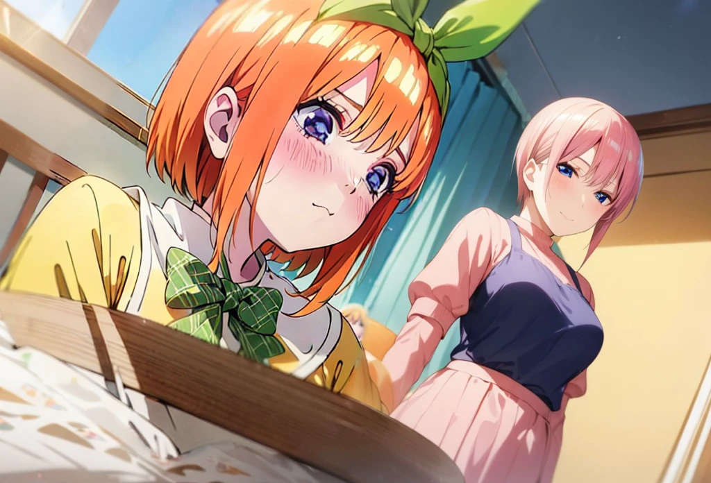  [Nakano yotsuba, nakano_yotsuba, aayotsuba, shoulder length orange hair, green ribbon] blushing, looking down, embarassed face, flustered, goofy awkward, extremely cute face, in love, dreamy eyes,  best quality)), extremely fine and beautiful, super fine illustration, top-quality、Official art、Beautifully Aesthetic:、vivid colours、colourful, HD Detail, Ultra Detail, soft Light, magical photography, intricate details, , sfw, , indigo eyes, masterpiece, 4k, ultradetailed,
