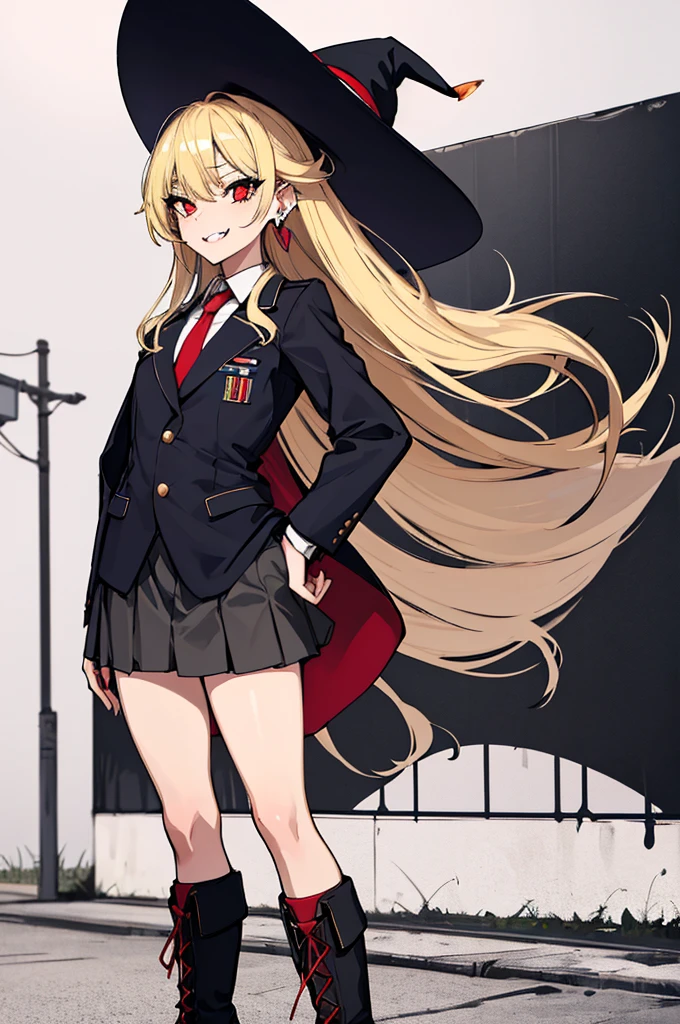 (absurdres, 8k, 4k, masterpiece, hyper extreme detailed:1.2), solo, perfect anatomy, cowboy shot, 1girl, back view, perfect face, 1girl, portrait, standing, adult, adult female, mature, Female, Mature Female, very long hair, 8k uhd, 1girl, slender, cowboy shot, standing, full body, back view, red tie, night sky, moon, stockings, big witch hat, witch, blonde hair, piercings, earrings, detailed eyes, expressive eyes, colorful pupils, blazer, skirt, fang tooth, red eyes, earrings, hand on hip, flat chest, looking forward, front view, messy hair, wind, windy, moving hair, moving clothes, swept bangs, mature body, gyaru, smile, colorful clothing, groan, military boots, perfect legs, reasonable height, butt,