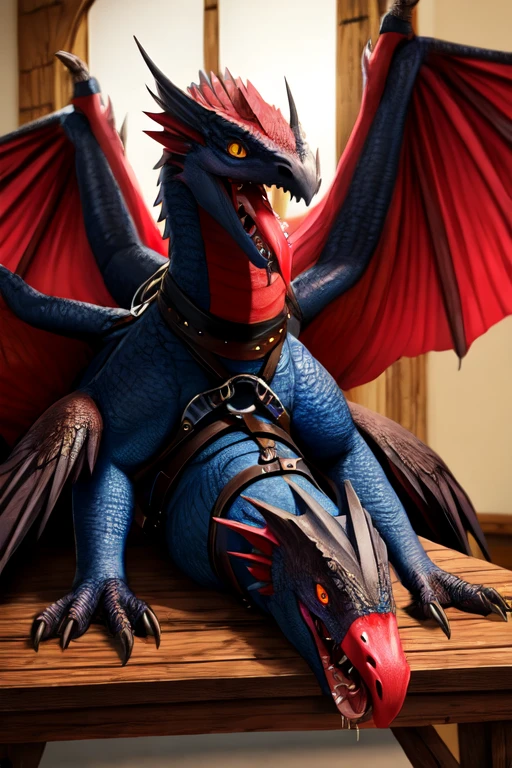 Colorful feathered wyvern body lying down on the table. Wings spread out and Strapped to the table with leather straps. Mouth wide open with no teeth and fangs and tooth. Milk dripping out of mouth splattering onto the table. Milk inside mouth. Photorealistic. Head tied down to the table. Leather harness on head. The wyvern is in a bowing position pointed tord camera 