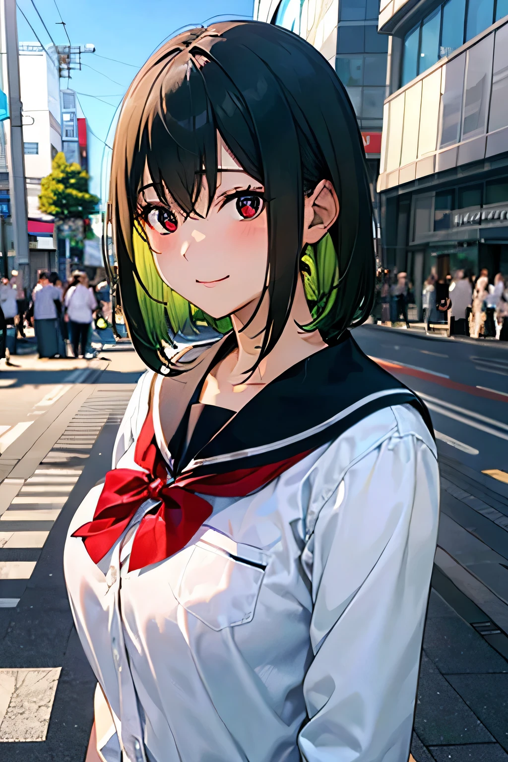 /*quality*/ masterpiece, best quality, BREAK, /*figure*/ 1girl,Yukinoshita_yukino, BREAK /*system*/ glamorous,tall,large breasts, BREAK /*Hair Type*/ straight hair, BREAK /*Hair length*/ very short hair, BREAK /*Hairstyle*/ bob cut, BREAK /*Hair Color*/ green hair, BREAK /*eye*/ beautiful eyes,red eyes, BREAK /*expression*/ {smile|light smile|cheerful}, BREAK /*Costume*/ {sailor suit|school uniform,blazer|school uniform,cardigan}, BREAK /*Pause*/ , BREAK /*angle*/ upper body, BREAK /*place*/ (detailed Shibuya street background:1.2), BREAK /*Brightness*/ sunlight,