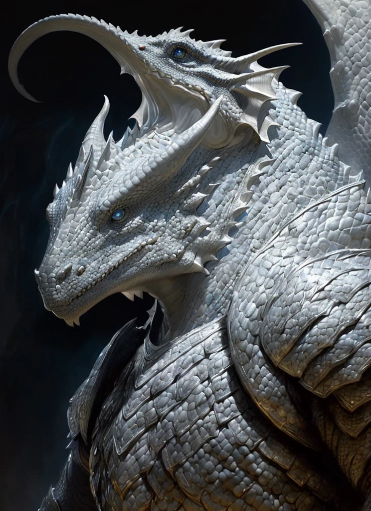 white silver dragonborn, male, horns, solo, scales, light leather armor, tail, upper body, closed mouth, black background
, ((masterpiece, best quality)), art by greg rutkowski, dark blue eyes, 