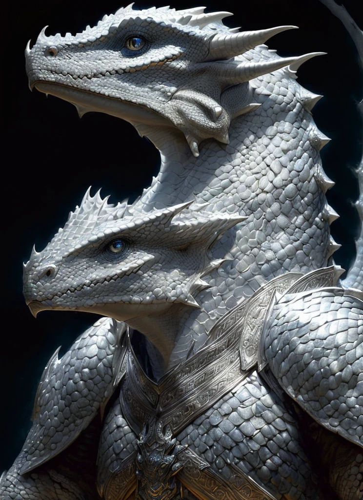 white silver dragonborn, male, horns, solo, scales, light leather armor, tail, upper body, closed mouth, black background
, ((masterpiece, best quality)), art by greg rutkowski, dark blue eyes,