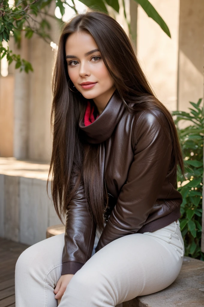 Casual photograph, best quality, 8K, hyper detailed, full body, A close up portrait of a Gorgeous, charming, alluring, graceful, majestic, classy, stylish, flowing super long brown haired argentinian woman. Flowing hair, silky hair, glowing hair, ethereal argentinian beauty, exotic argentinian beauty, timeless argentinian beauty, dream argentinian beauty. She has the cutest face, beaming countenance, fair porcelain skin, soft make-up, red lipstick, she is wearing a black leather jacket, sweater, scarf, skinny trousers, and boots. She's glad, happy, cheerful, joyful, angelical face, angelical beauty. Affectionate woman, tenderness and delicacy in person. She's at garden, having a coffee.