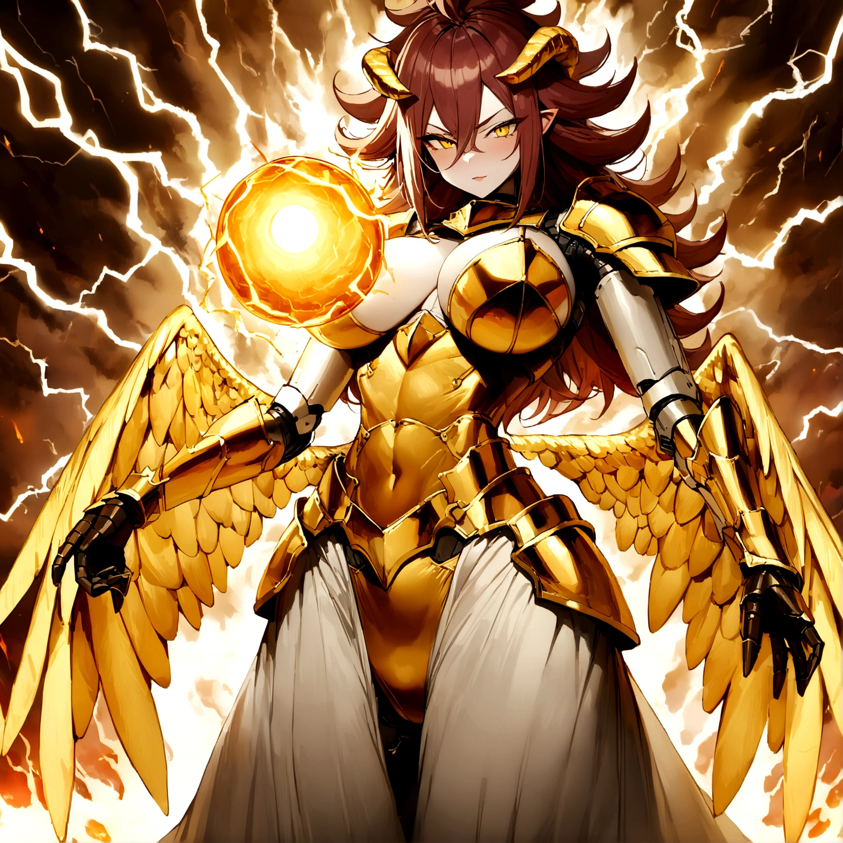 ((Lightning Power)), ((Electricity)), ((Fire Background)), ((Lightning Storm)), ((Power Erupting)), (((((android 21))))), (((Evil Power))), (((white Coat))), (((Busty))), (((((Big breast:1,3)))), luxury bustier corset, (((silver hair))), (((Very slim waist))), propotional body, ((Gorgeous)), (((Fire Blazing Horns))), ((((gold wings))), masterpiece, hyperdetail, ambient effect, digital effect, (((Fire Gold Bikini Armor))), (((Lightning Gold Wings))), ((((Gigantic Rasengan))))