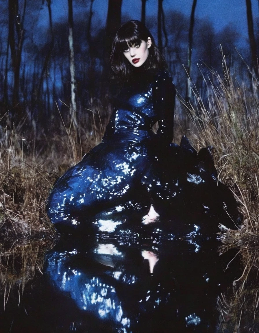 film photography, vintage, fashion photography of horror with 90s beautiful fashion model in black water, blue night forest background