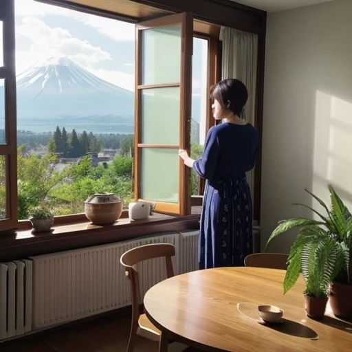 A woman standing in a room facing forward。In front of the woman is a dining table with a white tablecloth。On the table are fruit on a plate and a wine glass。There is a large single-pane window on the back wall.、You can see Mt. Fuji from the window。The wallpaper in the room is Marimekko patterned.。Potted plants in the corner of the room。There is a large mirror on the floor.、A woman is in the photo。