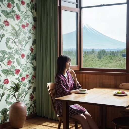 A woman standing in a room facing forward。In front of the woman is a dining table with a white tablecloth。On the table are fruit on a plate and a wine glass。There is a large single-pane window on the back wall.、You can see Mt. Fuji from the window。The wallpaper in the room is Marimekko patterned.。Potted plants in the corner of the room。There is a large mirror on the floor.、A woman is in the photo。